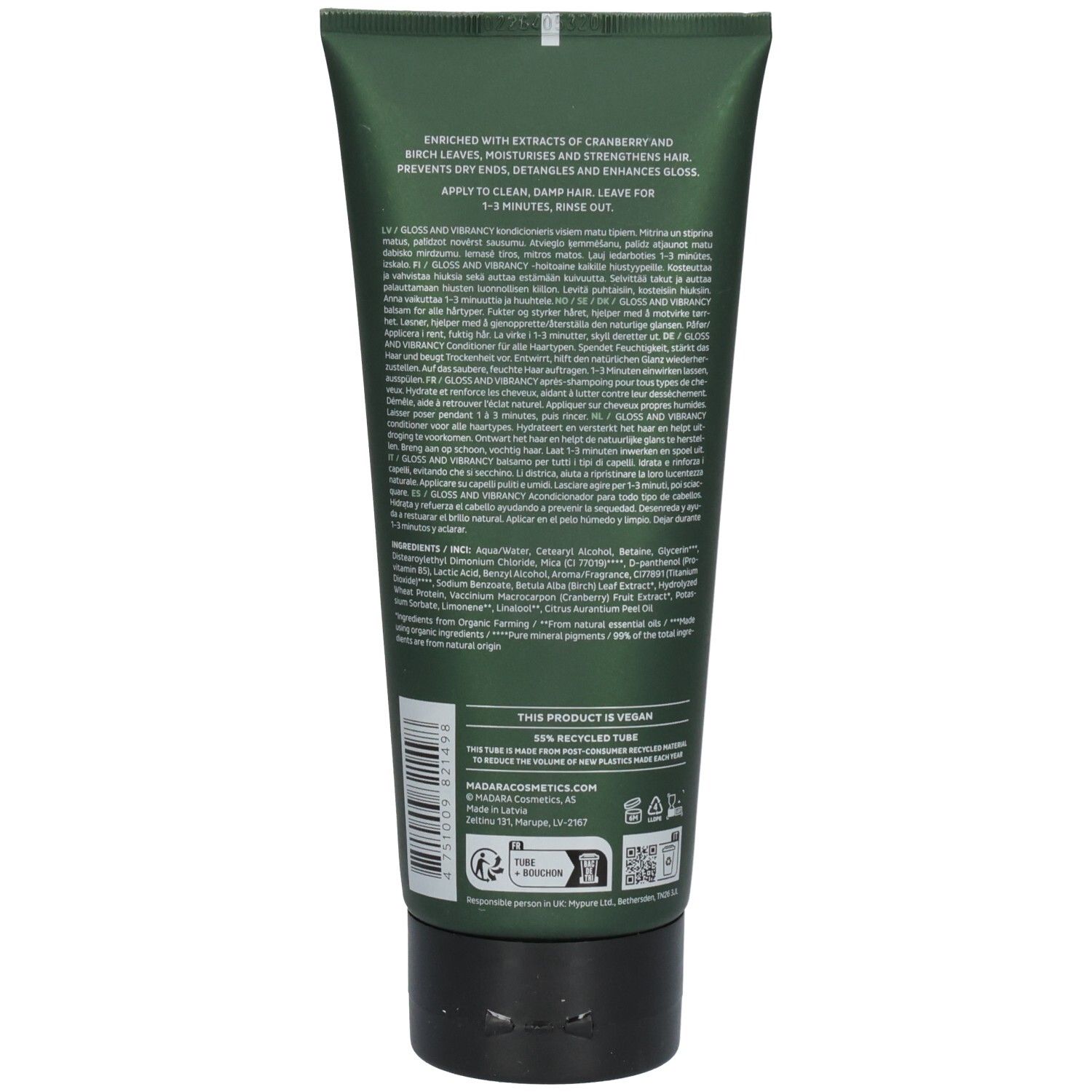Rückseite einer grünen Tube Madara Gloss and Vibrancy Conditioner mit Produktinformationen.