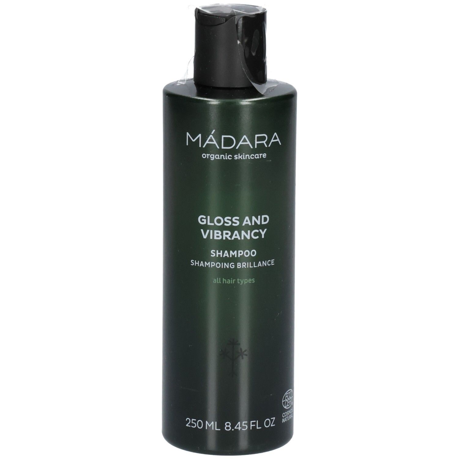 Grüne Shampoo-Flasche mit schwarzem Deckel. Beschriftung: MÁDARA, Gloss and Vibrancy Shampoo, 250 ml.