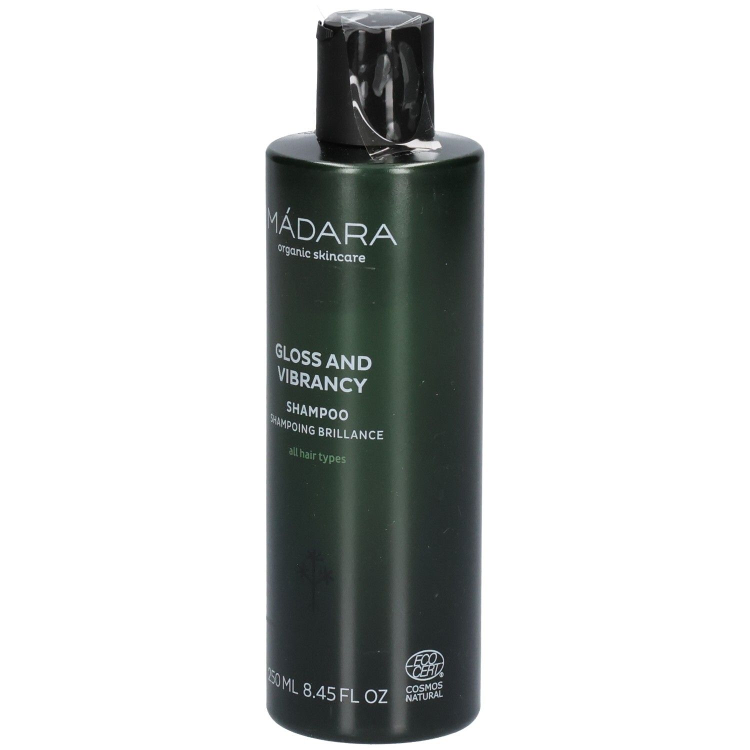 Grüne Shampoo-Flasche mit schwarzem Deckel. Beschriftung: MÁDARA, Gloss and Vibrancy Shampoo, 250 ml.