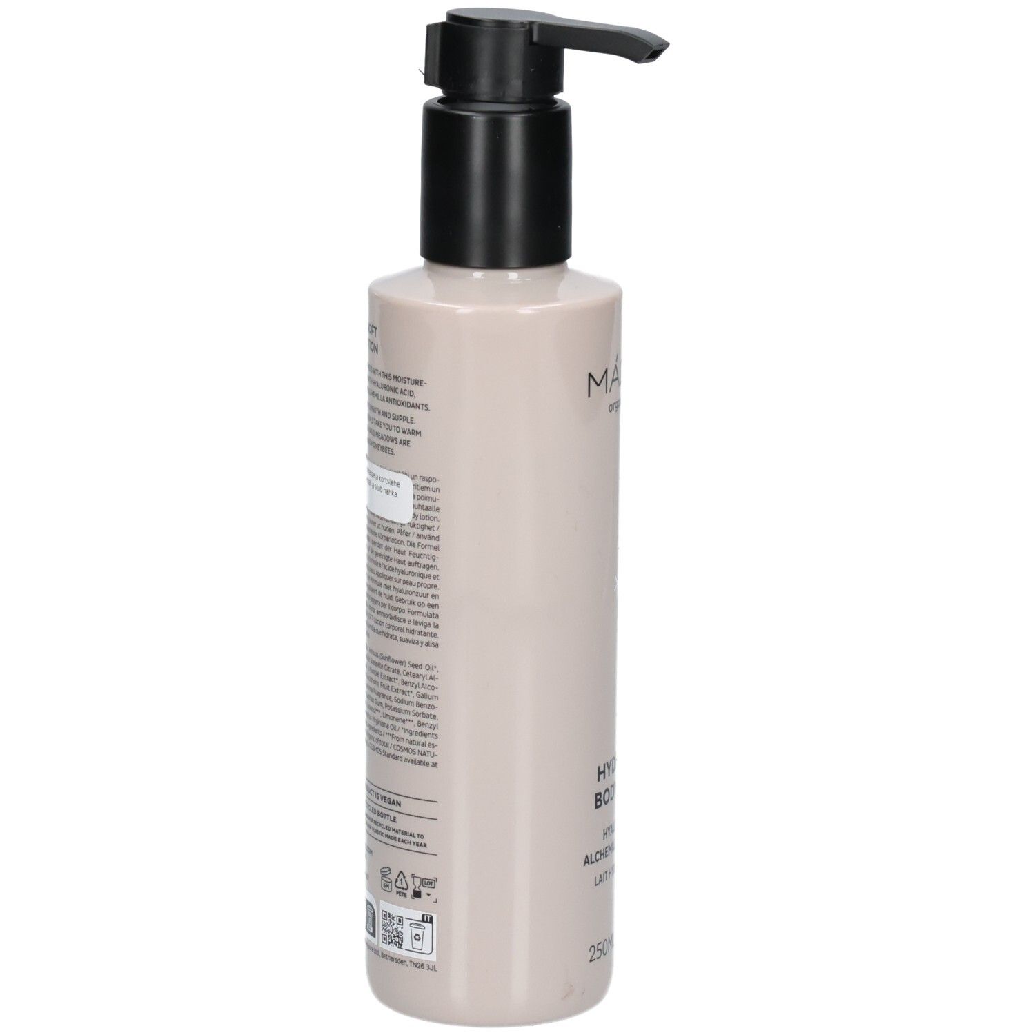 Rückansicht der Madara Hydra Soft Body Lotion Flasche mit Pumpspender.