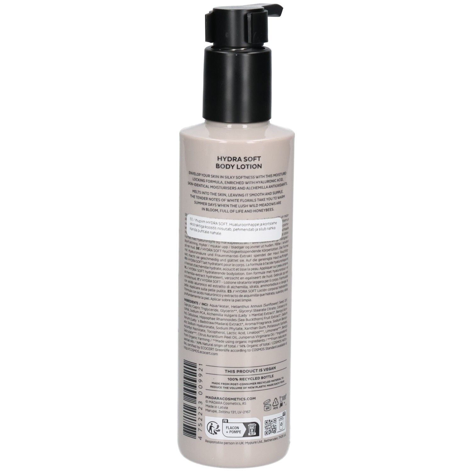 Rückansicht der Madara Hydra Soft Body Lotion Flasche mit Pumpspender und Etikett.