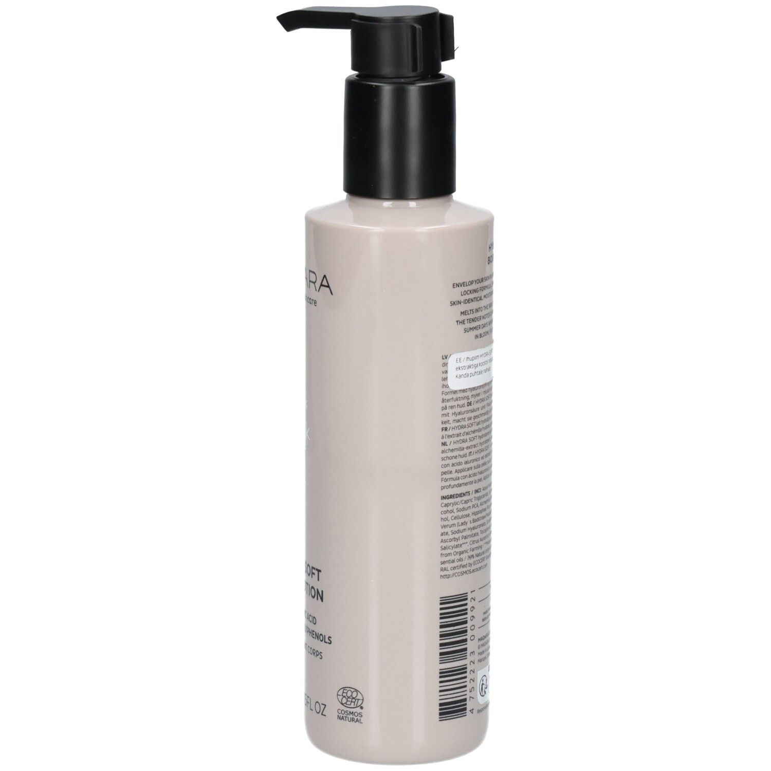 Rückansicht der Madara Hydra Soft Body Lotion Flasche mit Pumpspender.