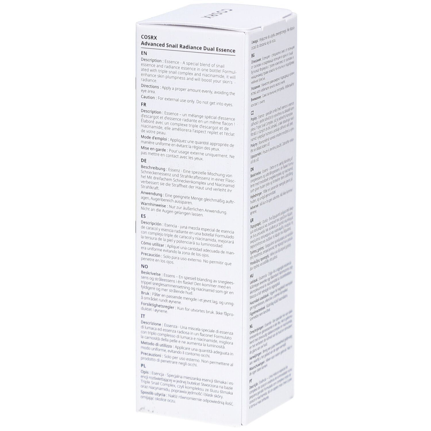 Weiße Verpackung. Schwarzes Etikett mit Produktname und Marke: COSRX Advanced Snail Radiance Dual Essence. 80 ml.