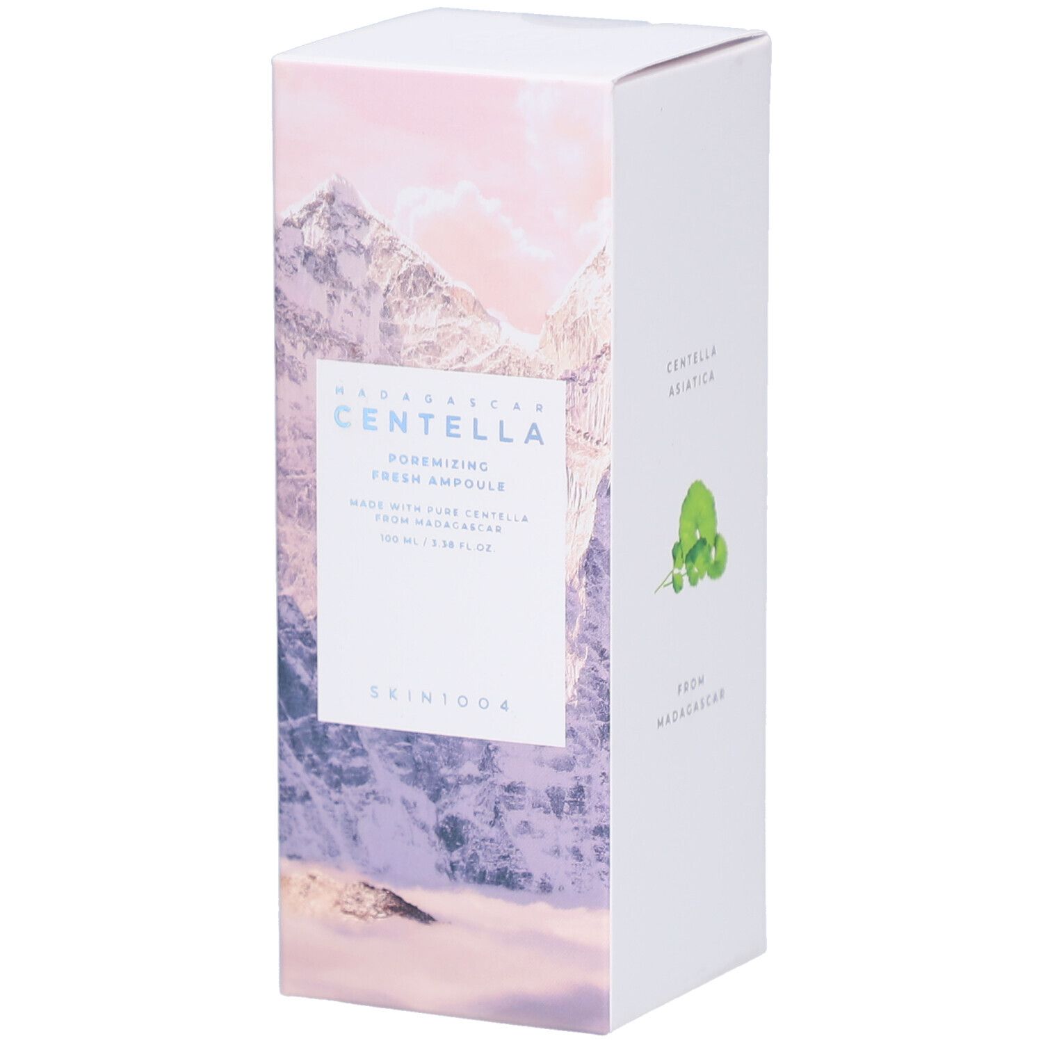 Verpackung mit Produktinformationen und Berglandschaft. Text: Centella, Poremizing Fresh Ampoule, SKIN1004.