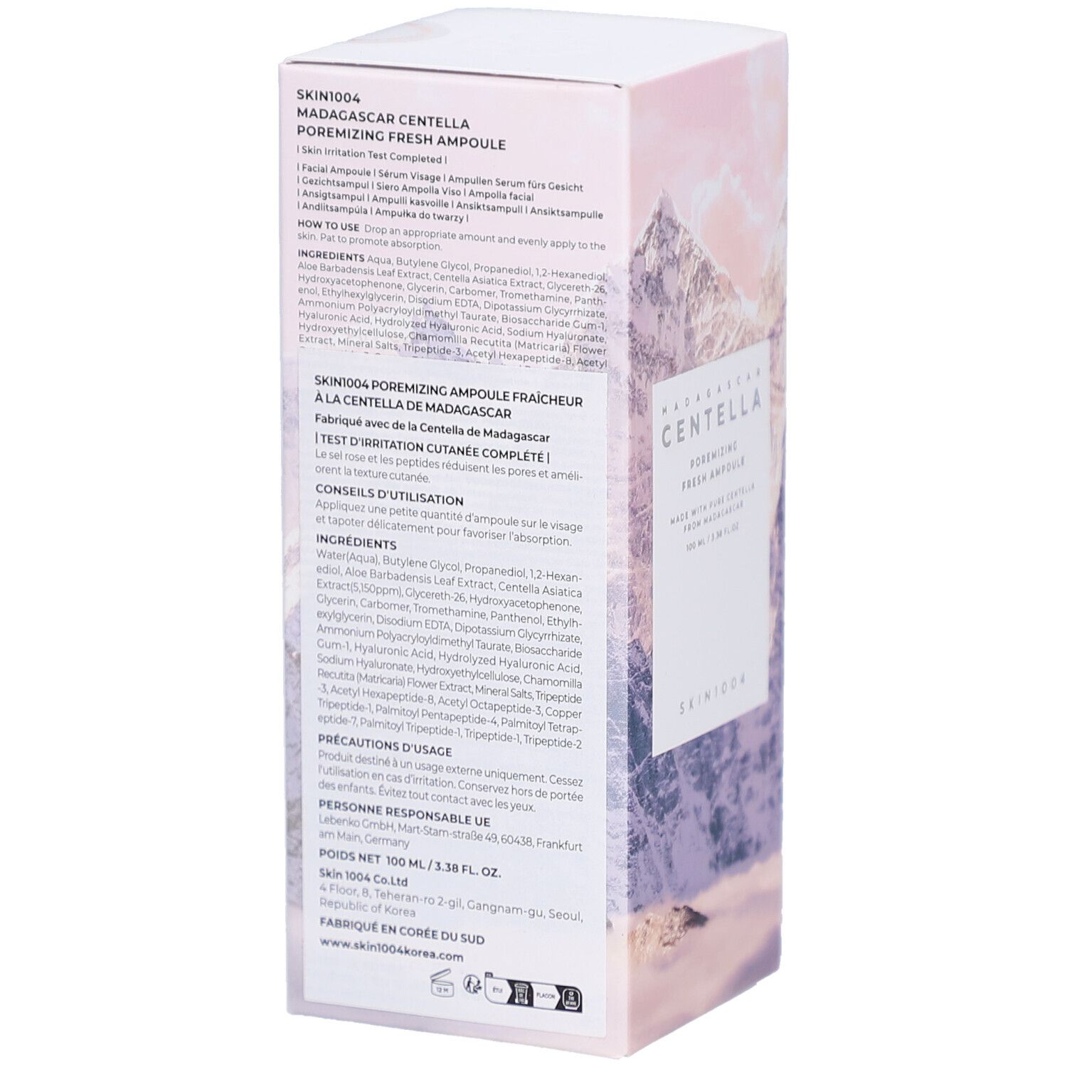 Rückseite der Verpackung mit Produktinformationen und Inhaltsstoffen. Text: SKIN1004, Centella, Poremizing Fresh Ampoule.
