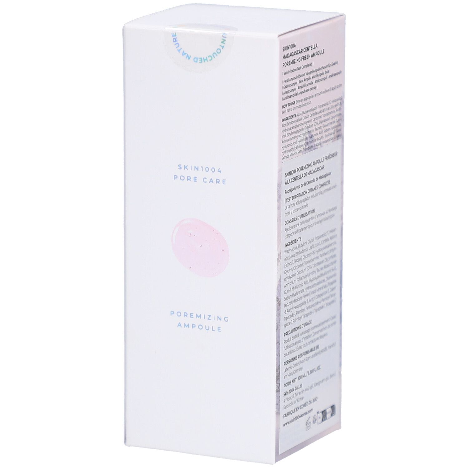 Verpackung mit Produktinformationen. Text: SKIN1004, Pore Care, Poremizing Ampoule, Switched Nature.