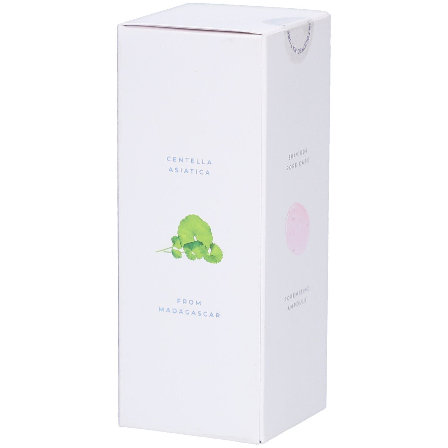 Verpackung mit Produktinformationen. Text: Centella Asiatica, From Madagascar, Poremizing Ampoule, SKIN1004.