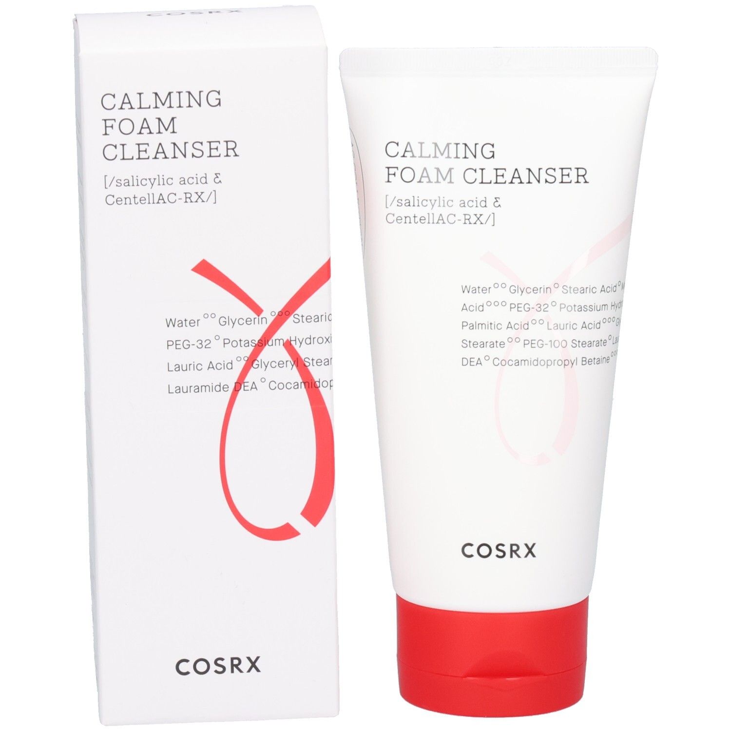 Weiße Verpackung und Tube. Aufschrift: Calming Foam Cleanser, Cosrx. Rote Grafik. Tube mit rotem Deckel.