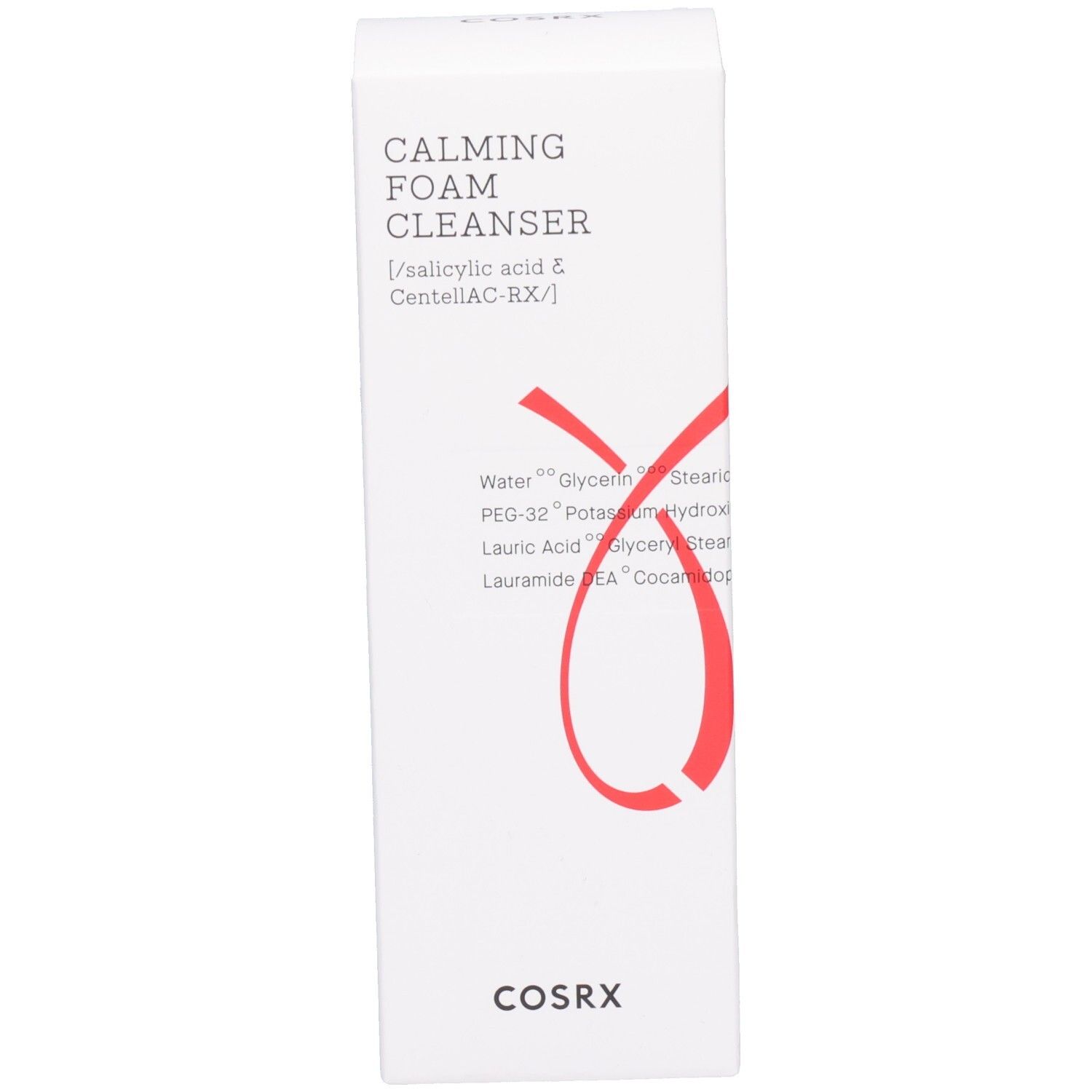 Weiße Verpackung. Aufschrift: Calming Foam Cleanser, Cosrx. Rote Grafik. Inhaltsstoffe sind aufgedruckt.