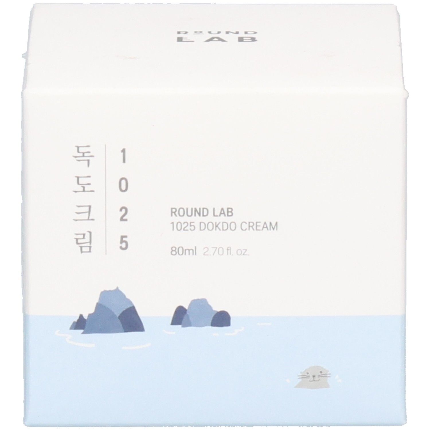 Produktverpackung: Schachtel mit Text und Logo. Dose mit weißem Deckel und Aufkleber. "ROUND LAB" und koreanischer Text.