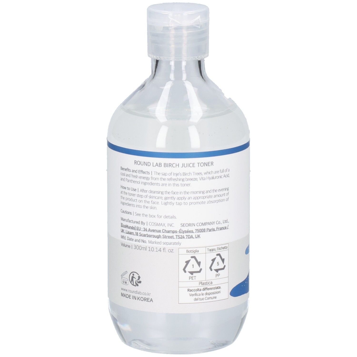 Rückansicht der transparenten Flasche mit blau-weißem Etikett. Text auf Englisch und Koreanisch.