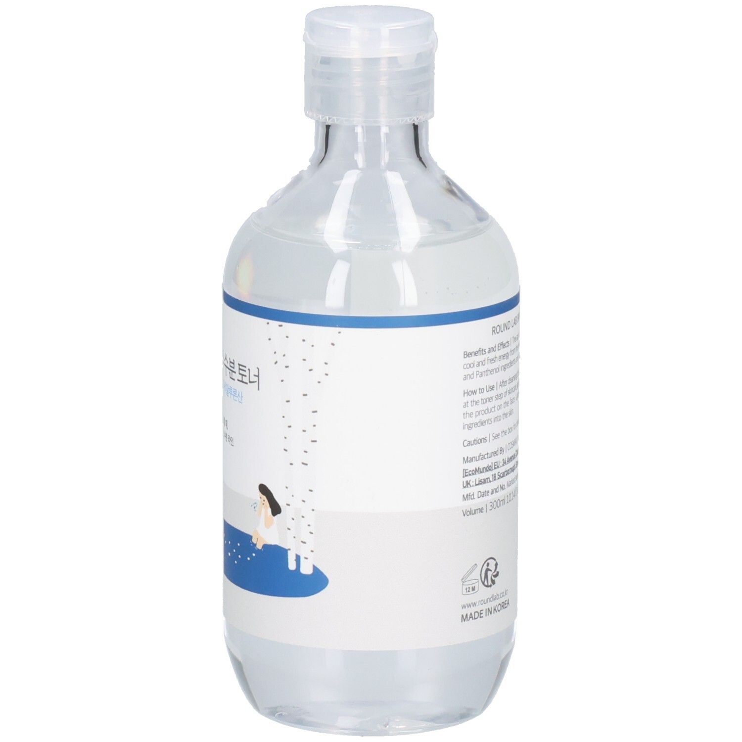 Transparente Flasche mit blau-weißem Etikett. Koreanische Schriftzeichen. Deckel oben.