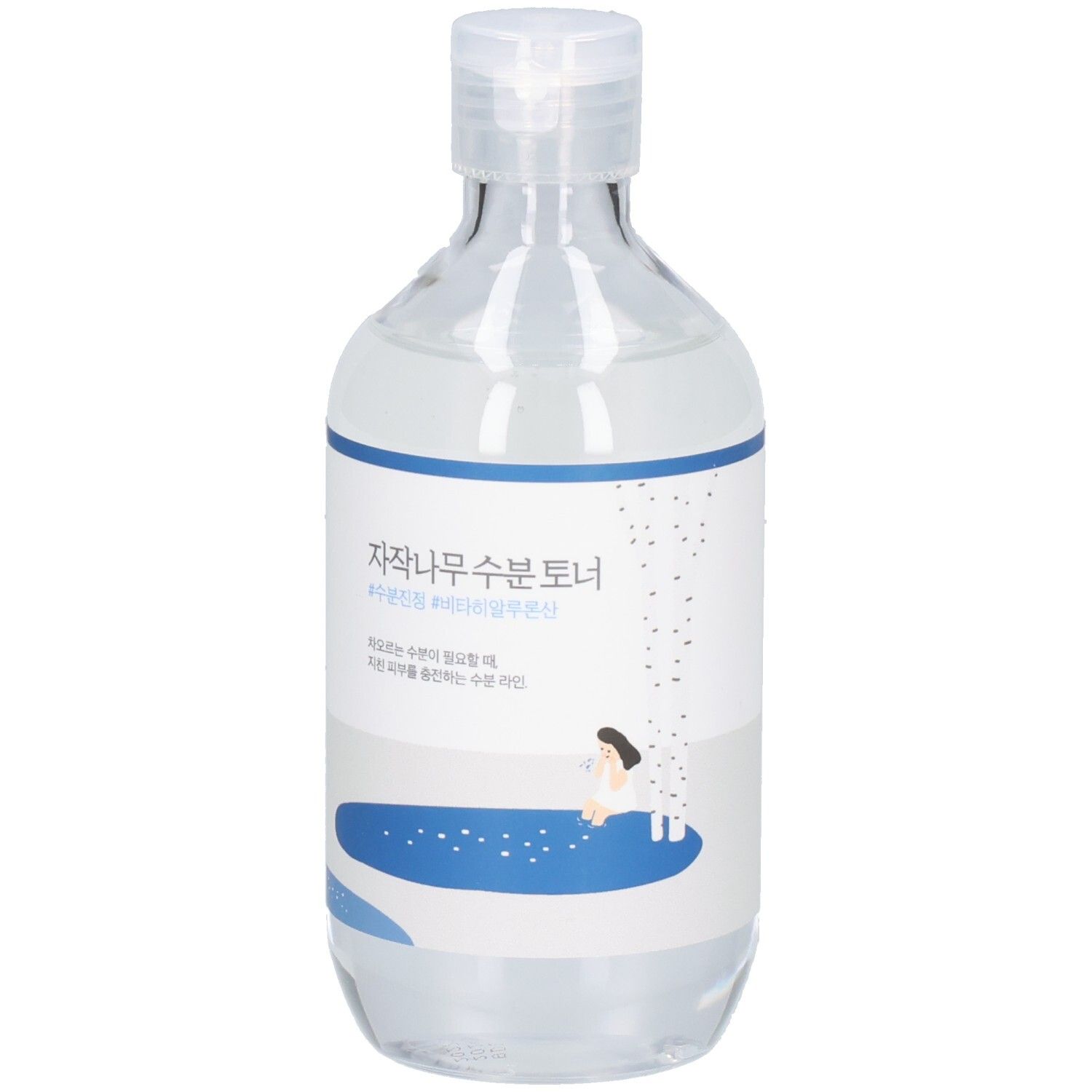Transparente Flasche mit blau-weißem Etikett. Koreanische Schriftzeichen. Deckel oben.