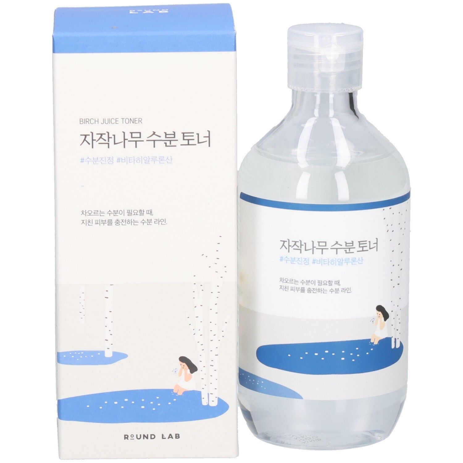 Produktverpackung mit Flasche und Schachtel. Flasche mit blau-weißem Etikett. Schachtel blau.