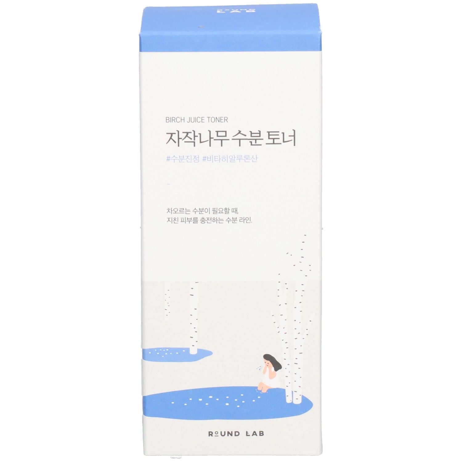 Produktverpackung mit Schachtel. Schachtel blau mit weißer Schrift. Aufschrift in koreanischer Schrift.