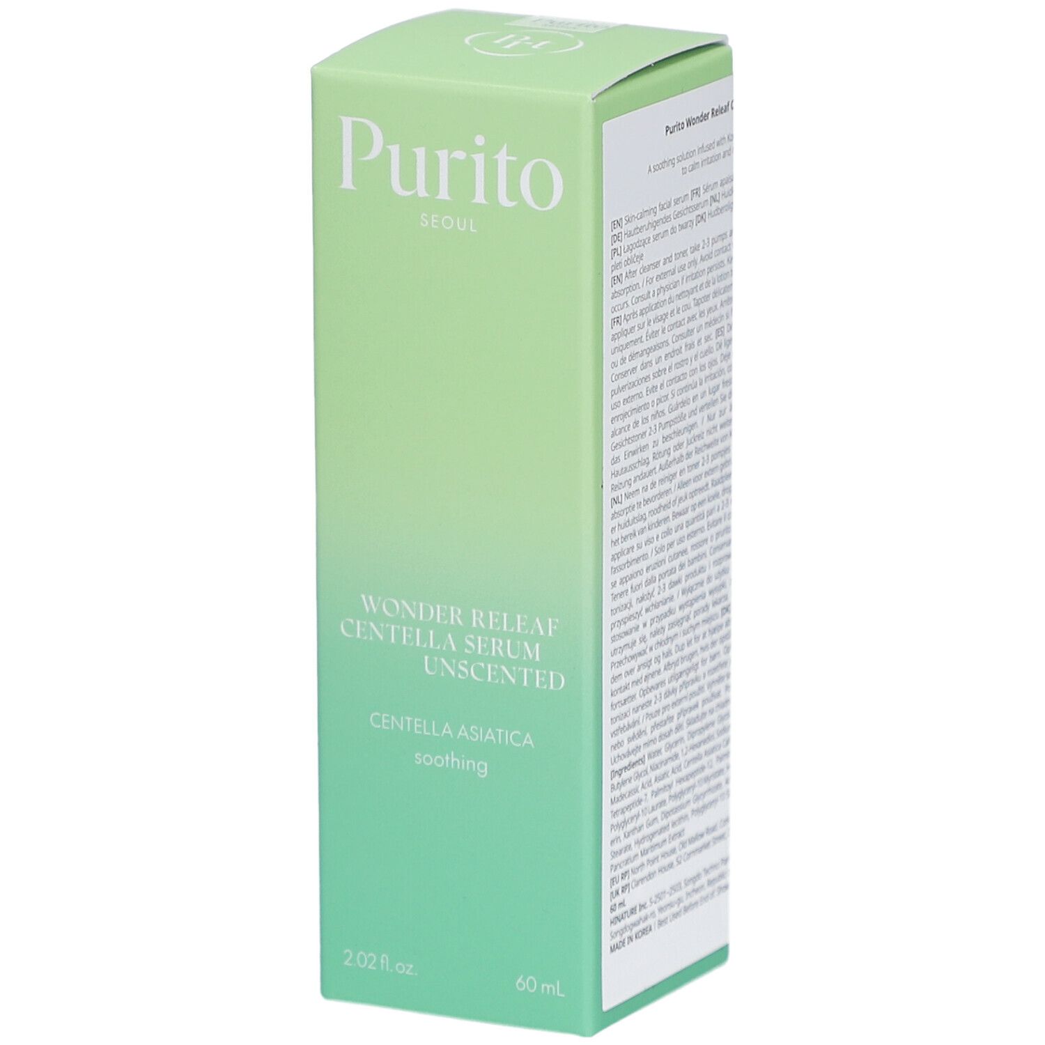 Grüne Produktverpackung. Aufschrift: Purito Seoul, Wonder Releaf Centella Serum Unscented, Centella Asiatica, soothing. 60 ml.