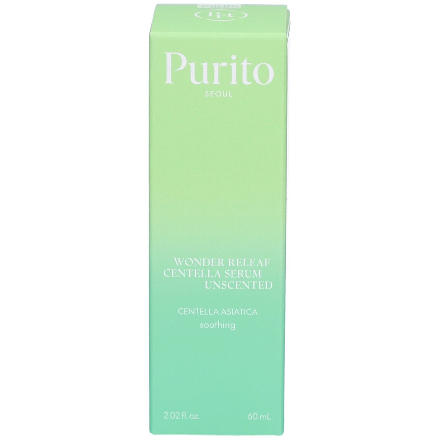 Grüne Produktverpackung. Aufschrift: Purito Seoul, Wonder Releaf Centella Serum Unscented, Centella Asiatica, soothing. 60 ml.