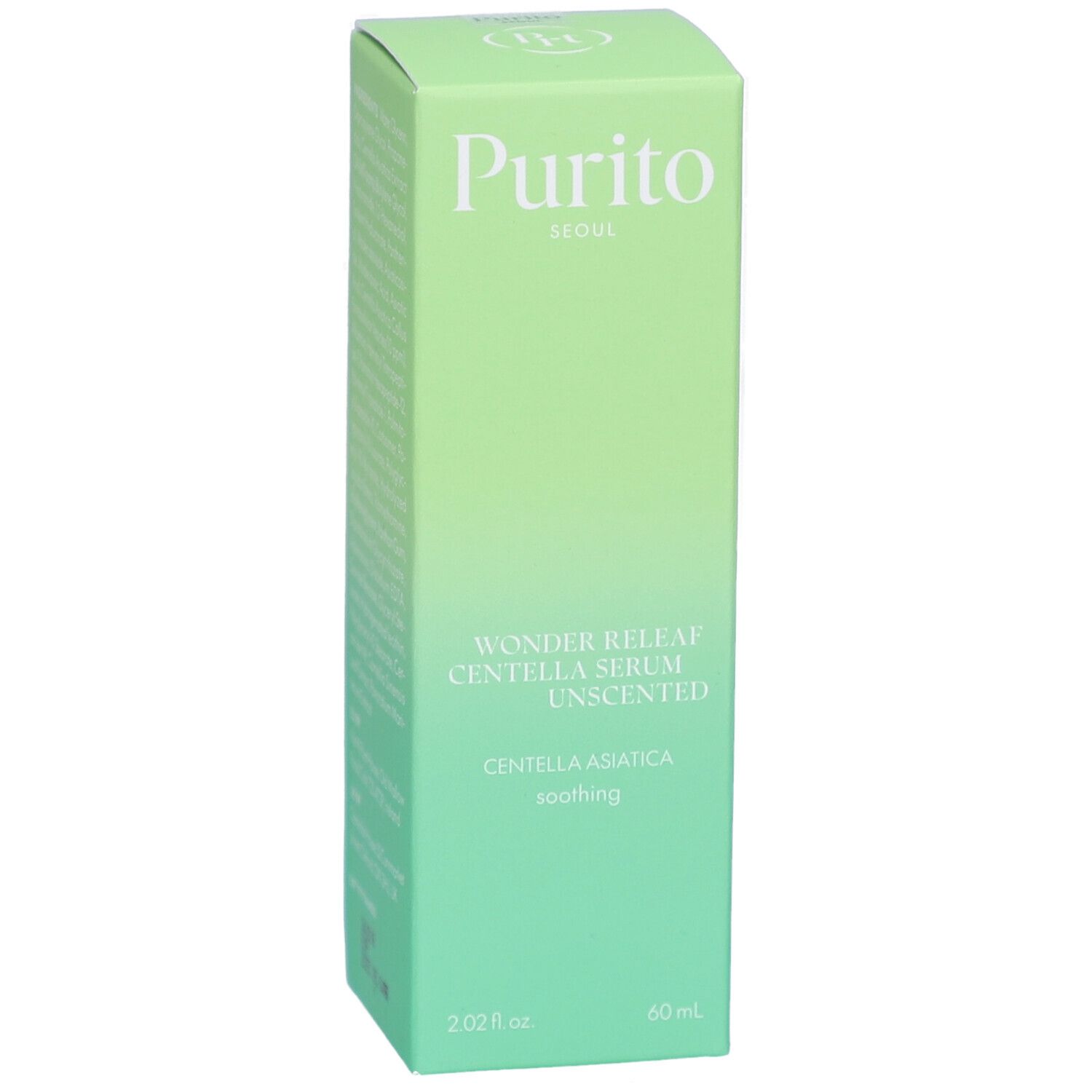 Grüne Produktverpackung. Aufschrift: Purito Seoul, Wonder Releaf Centella Serum Unscented, Centella Asiatica, soothing. 60 ml.