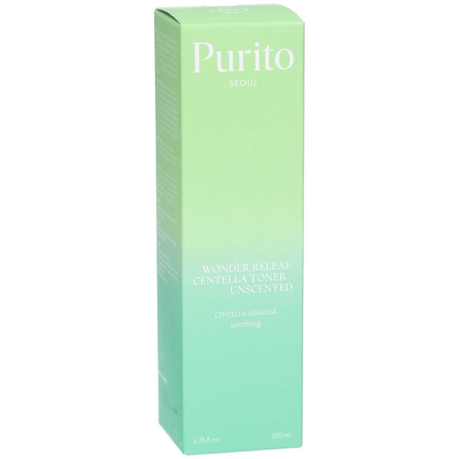 Grüne rechteckige Verpackung. Aufschrift: Purito, Wonder Releaf Centella Toner Unscented, Centella Asiatica, soothing. 200 ml.