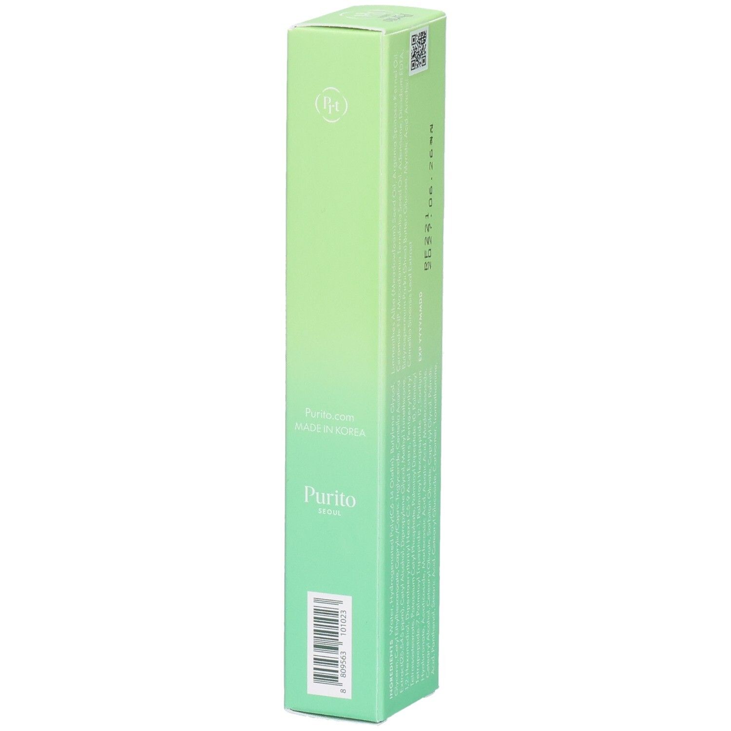 Grüne, längliche Verpackung. Oben: "Purito". Produktname: Wonder Releaf Centella Eye Cream. Unten: 30 ml.