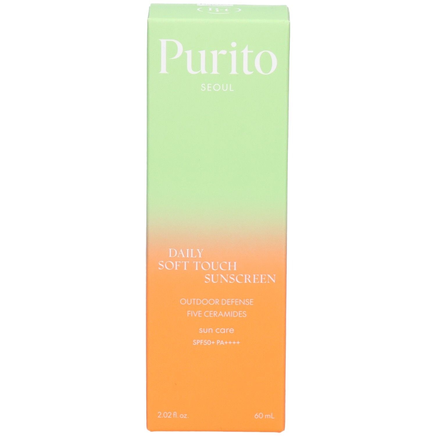 Grüne und orangefarbene Schachtel mit Produktinformationen. Text: Purito, Daily Soft Touch Sunscreen, SPF 50+ PA++++.