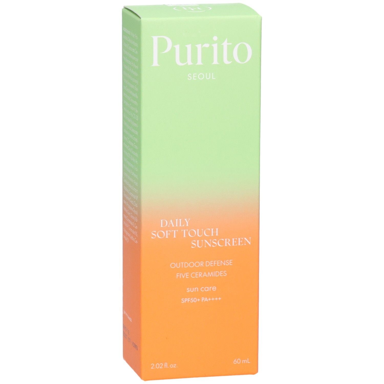 Grüne und orangefarbene Schachtel mit Produktinformationen. Text: Purito, Daily Soft Touch Sunscreen, SPF 50+ PA++++.
