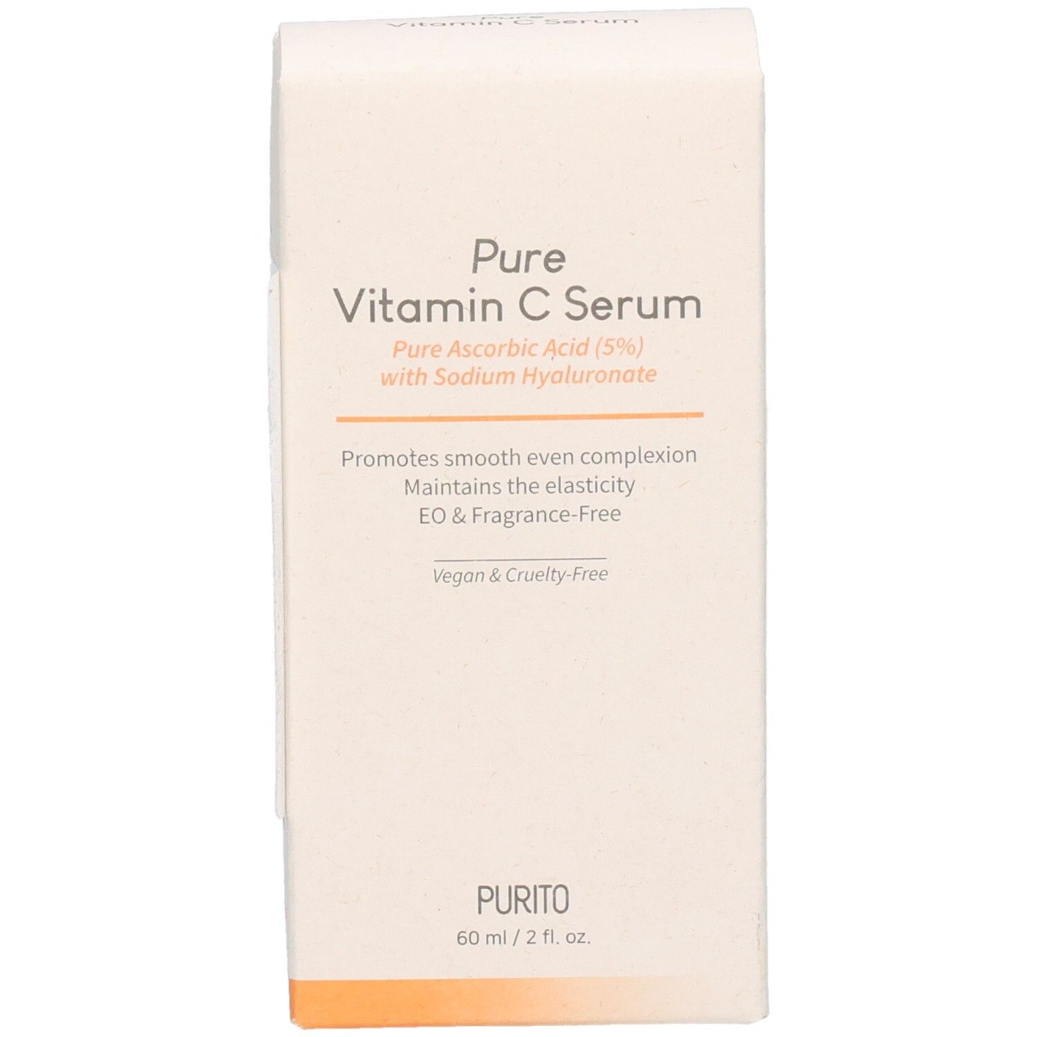Kartonverpackung mit Produktinformationen. Aufschrift: Pure Vitamin C Serum. Vegan & Cruelty-Free. PURITO Logo. 60 ml / 2 fl. oz.