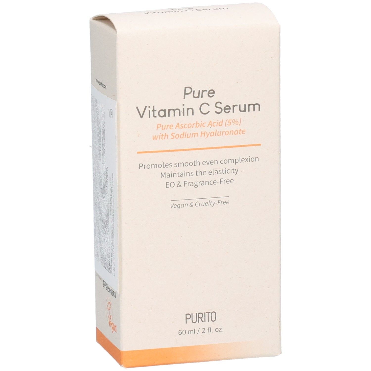 Kartonverpackung mit Produktinformationen. Aufschrift: Pure Vitamin C Serum. Vegan & Cruelty-Free. PURITO Logo. 60 ml / 2 fl. oz.