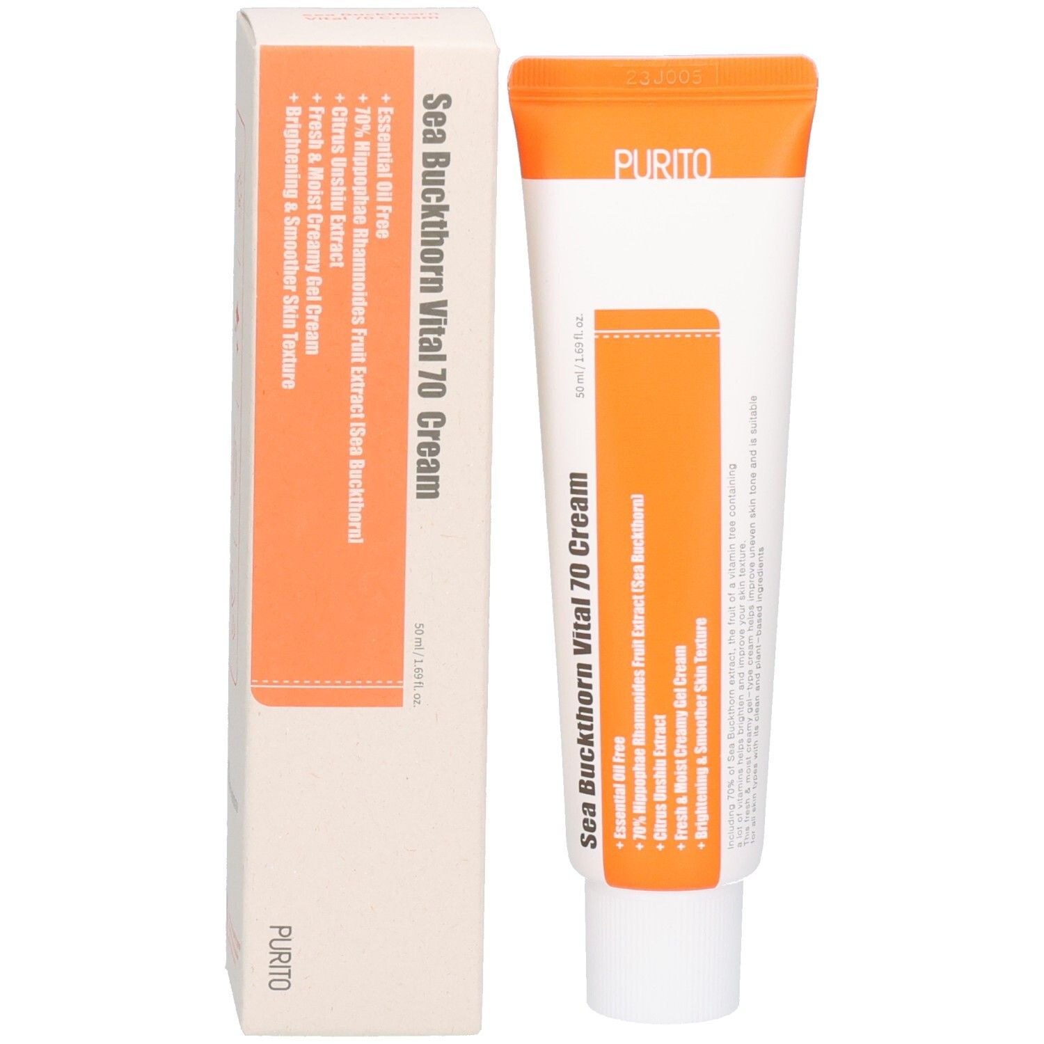 Creme-Tube und Schachtel. Text: Sea Buckthorn Vital 70 Cream. Marke: Purito. Weiße Tube und Schachtel mit orangefarbenen Akzenten.