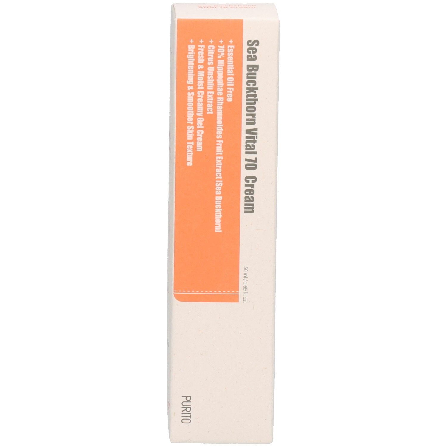 Schachtel mit Text: Sea Buckthorn Vital 70 Cream. Marke: Purito. Weiße Schachtel mit orangefarbenem Etikett und Text.