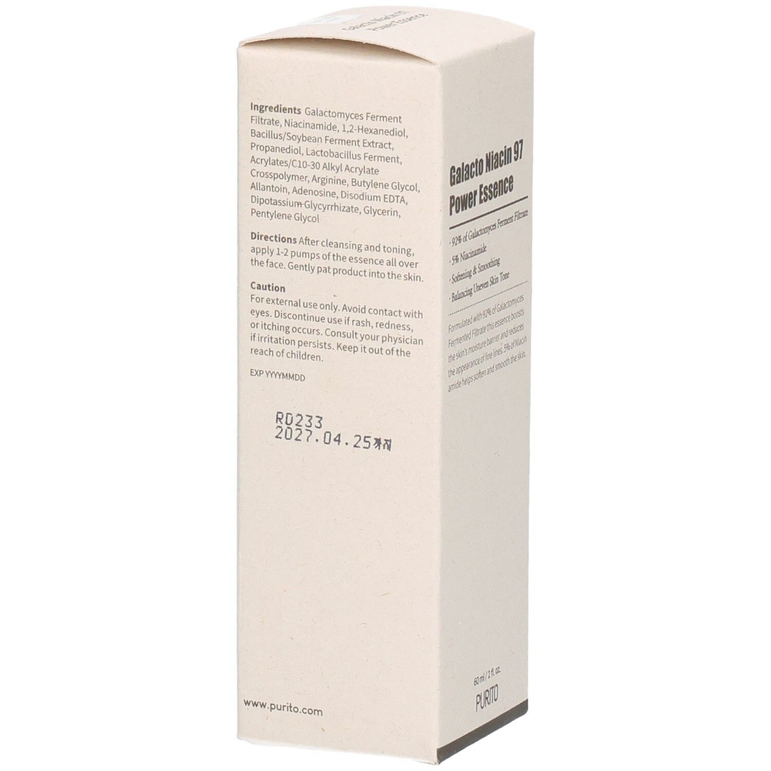 Beige Produktverpackung. Text: Inhaltsstoffe, Anwendungshinweise, Vorsichtshinweise. PURITO Logo. Aufdruck: 2027.04.25.
