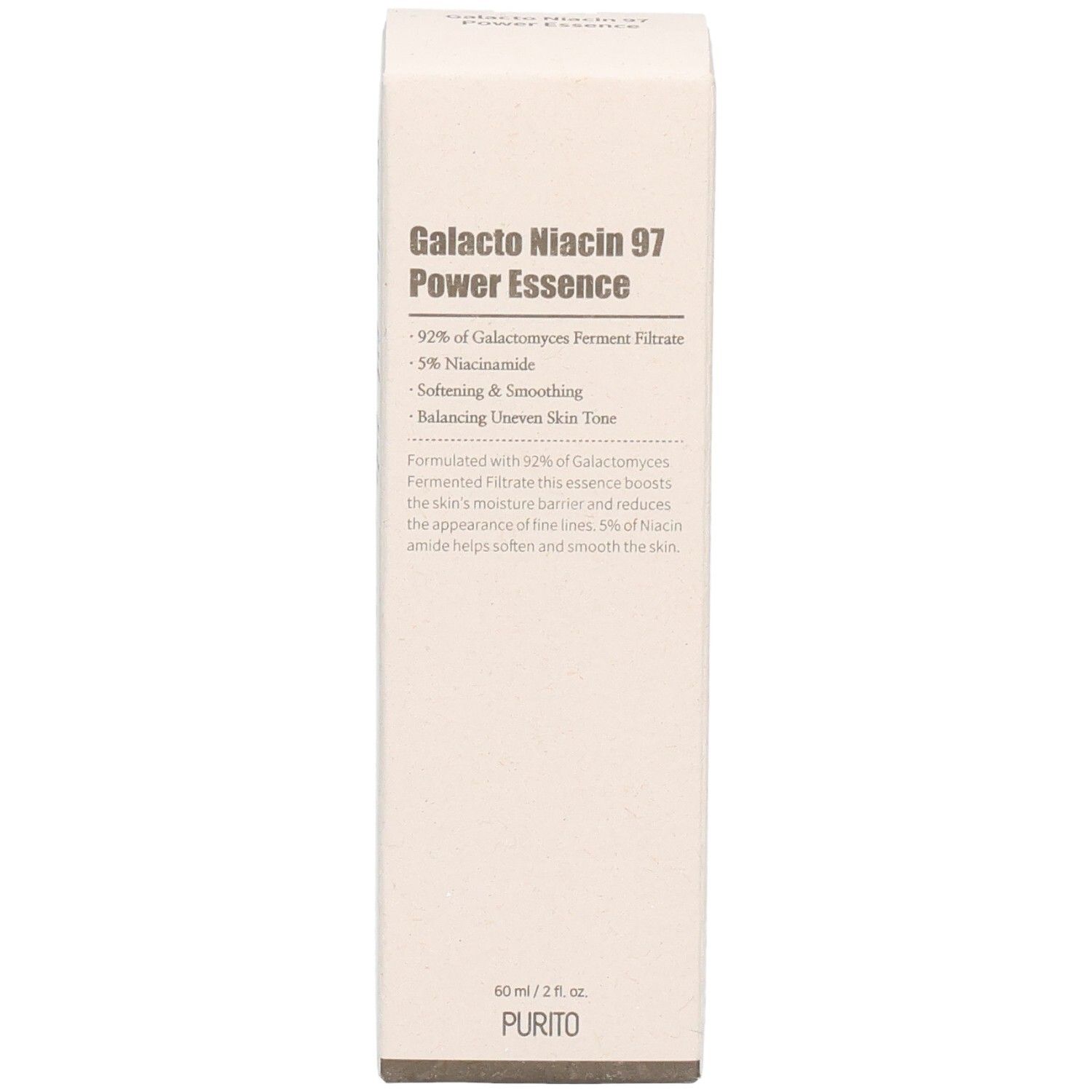 Beige Produktverpackung. Text: Galacto Niacin 97 Power Essence. Inhaltsstoffe, 92% Galactomyces Ferment Filtrate, 5% Niacinamid. PURITO Logo.
