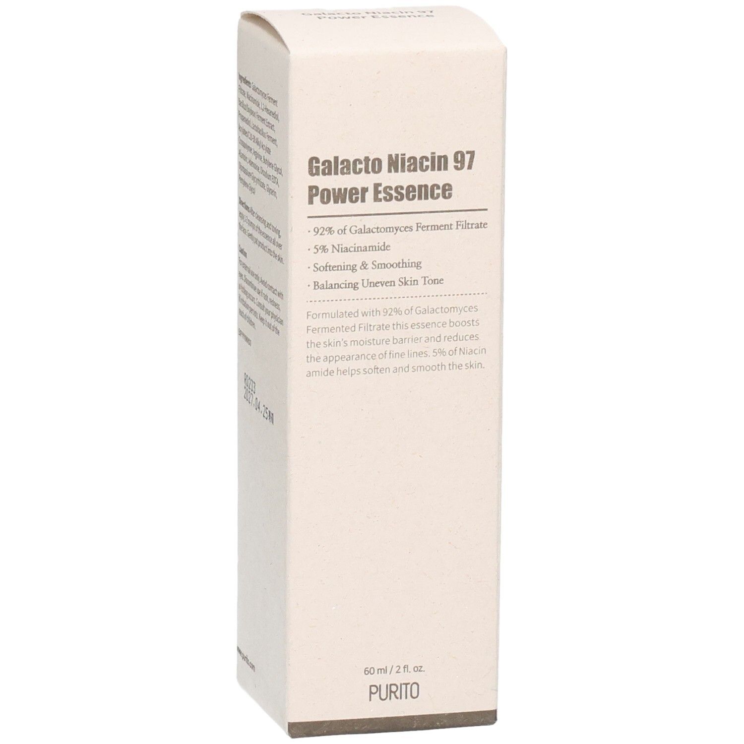 Beige Produktverpackung. Text: Galacto Niacin 97 Power Essence. Inhaltsstoffe, 92% Galactomyces Ferment Filtrate, 5% Niacinamid. PURITO Logo.