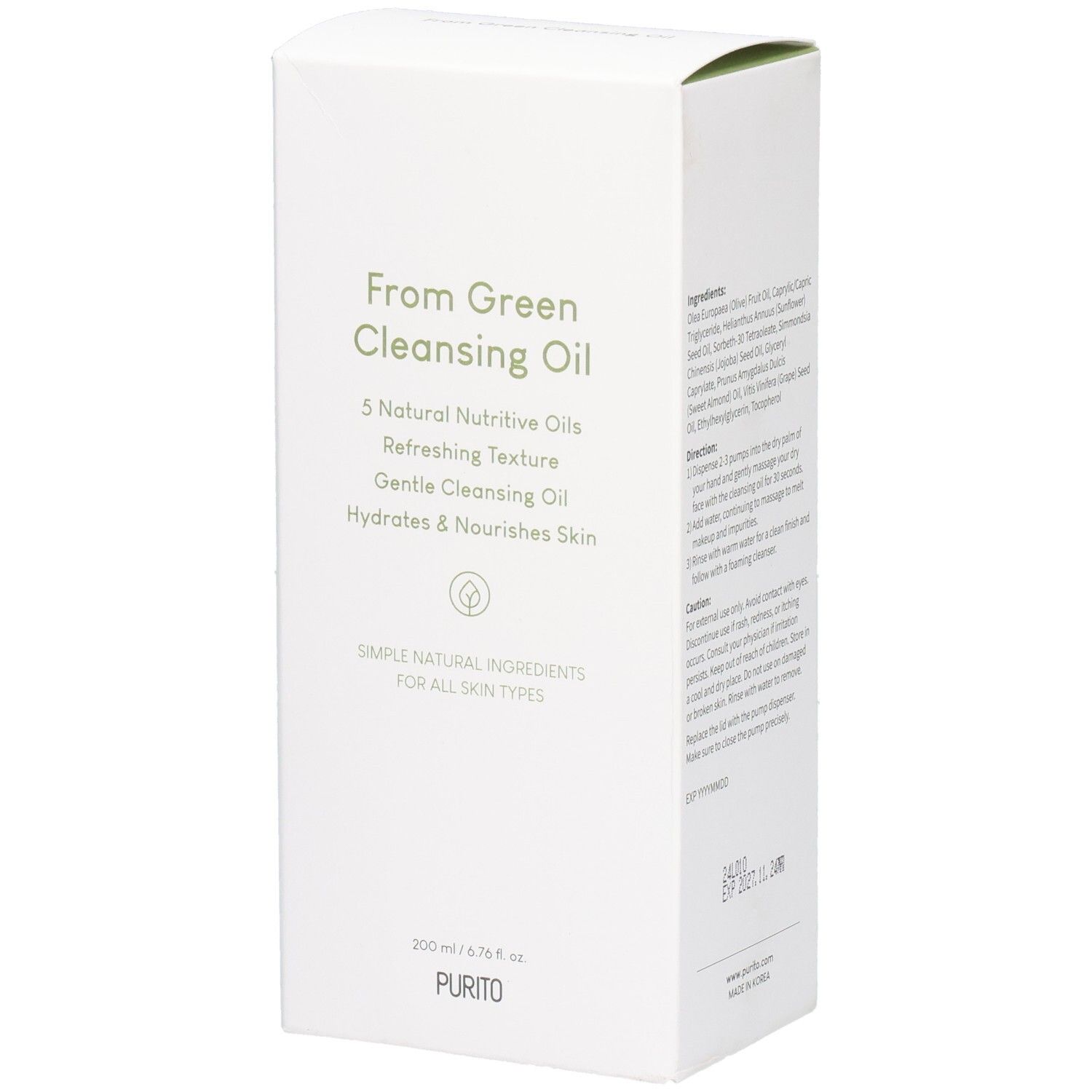Weiße Produktverpackung mit grüner Schrift. Text: From Green Cleansing Oil, 5 Natural Nutritive Oils, Hydrates & Nourishes Skin. Unten: PURITO.