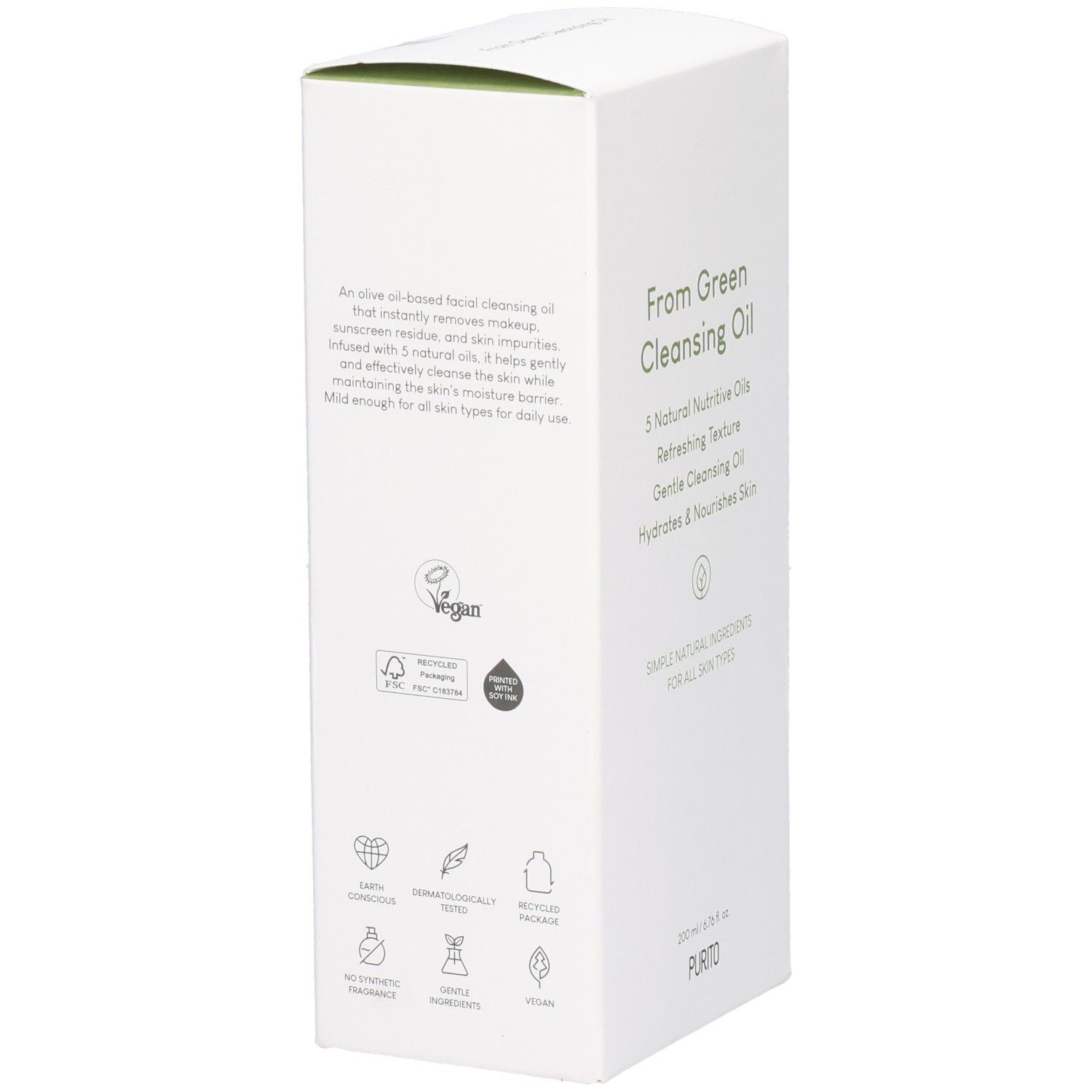 Weiße Produktverpackung mit grüner Schrift und Logos. Text: From Green Cleansing Oil, Vegan, Dermatologisch getestet. Unten: PURITO.