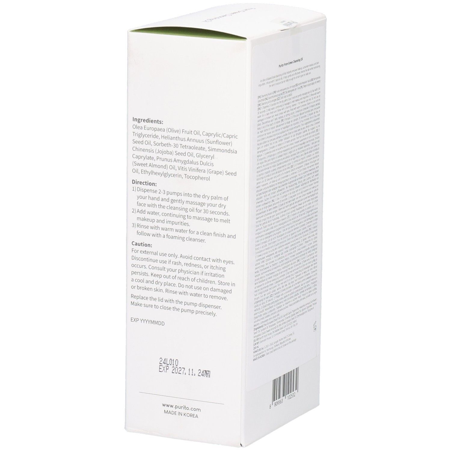 Weiße Produktverpackung mit Text. Zutaten, Anwendungshinweise und Warnhinweise. Unten: PURITO. Haltbarkeitsdatum.