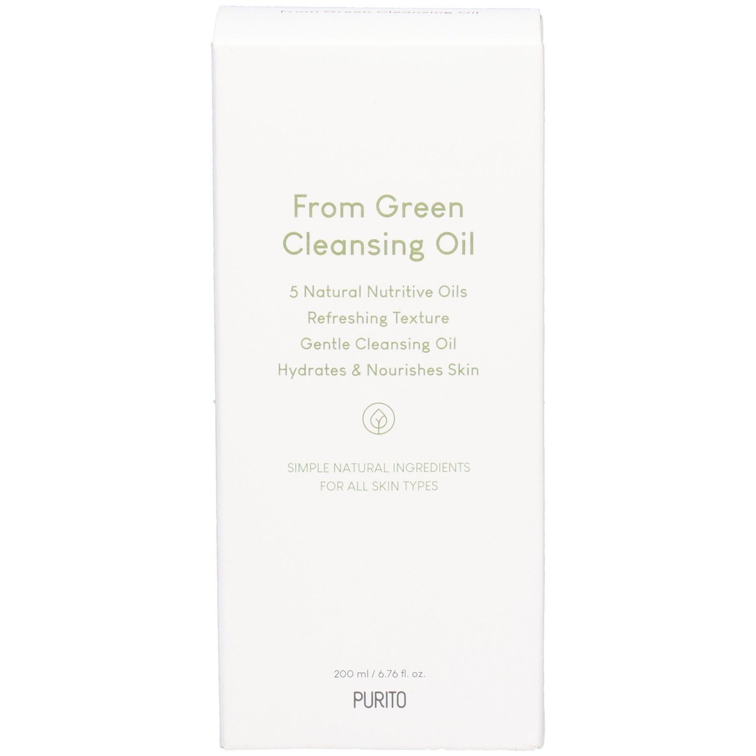 Weiße Produktverpackung mit grüner Schrift. Text: From Green Cleansing Oil, 5 Natural Nutritive Oils, Hydrates & Nourishes Skin. Unten: PURITO.