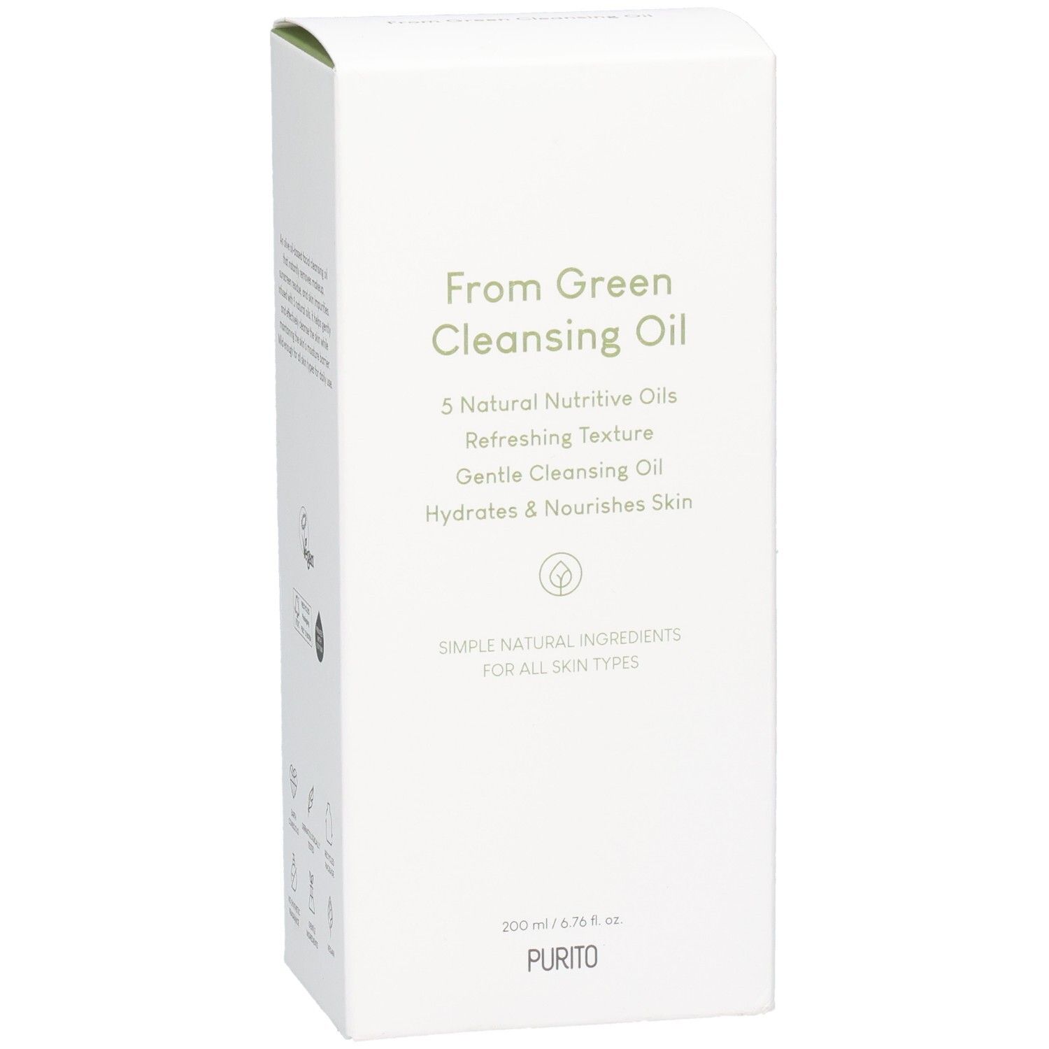 Weiße Produktverpackung mit grüner Schrift. Text: From Green Cleansing Oil, 5 Natural Nutritive Oils, Hydrates & Nourishes Skin. Unten: PURITO.