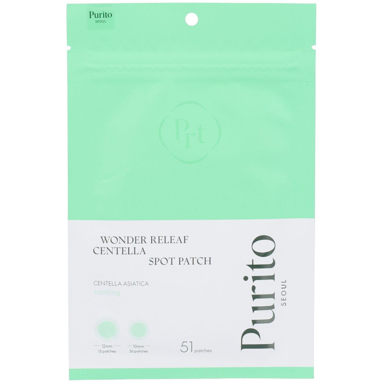 Grüne Verpackung mit Produktnamen und Logo. Enthält 51 Pflaster. Text: Wonder Releaf Centella Spot Patch, Centella Asiatica, Purito Seoul.