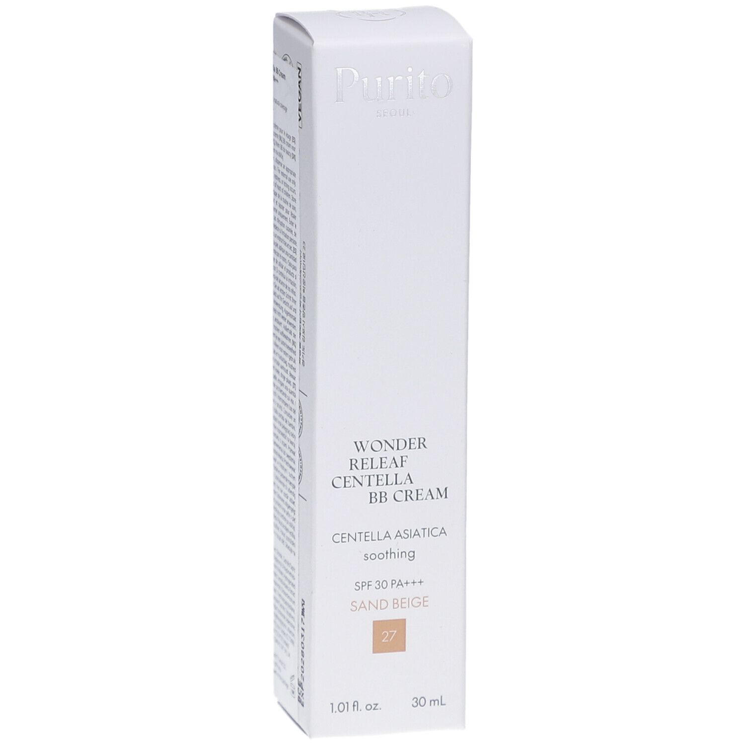 Weiße Verpackung mit Produktnamen und -details. Enthält BB Cream, Farbton Sand Beige 27, 30 ml. Marke Purito.