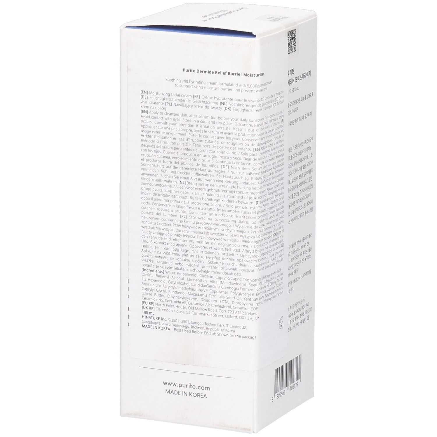 Weiße Verpackung mit Text in verschiedenen Sprachen. Enthält QR-Code und „PURITO“. Enthält Informationen über das Produkt.