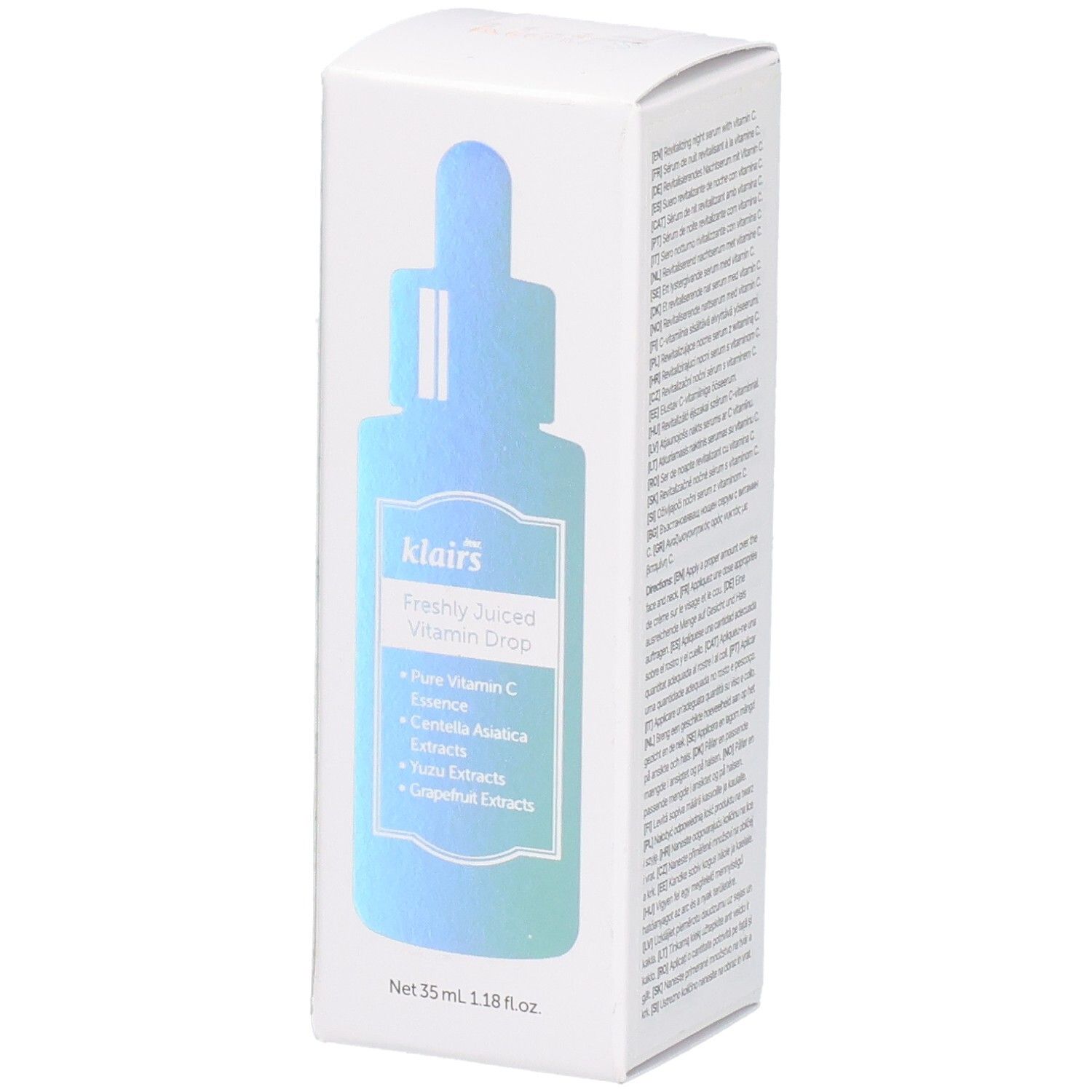 Weiße Verpackung mit Produktabbildung. Aufschrift: klairs Freshly Juiced Vitamin Drop. Enthält Inhaltsstoffe.