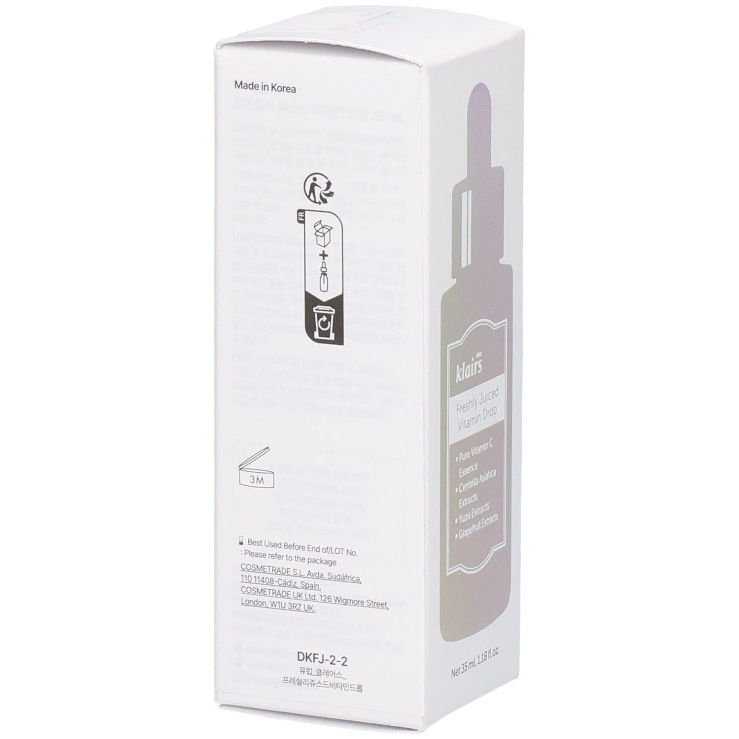 Rückseite der weißen Verpackung. Enthält Informationen, Symbole und Text. Hergestellt in Korea. Haltbarkeit.