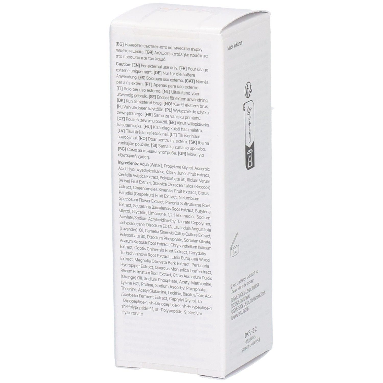 Seite der weißen Verpackung. Enthält Text in verschiedenen Sprachen. Enthält Inhaltsstoffe und Anwendungshinweise.