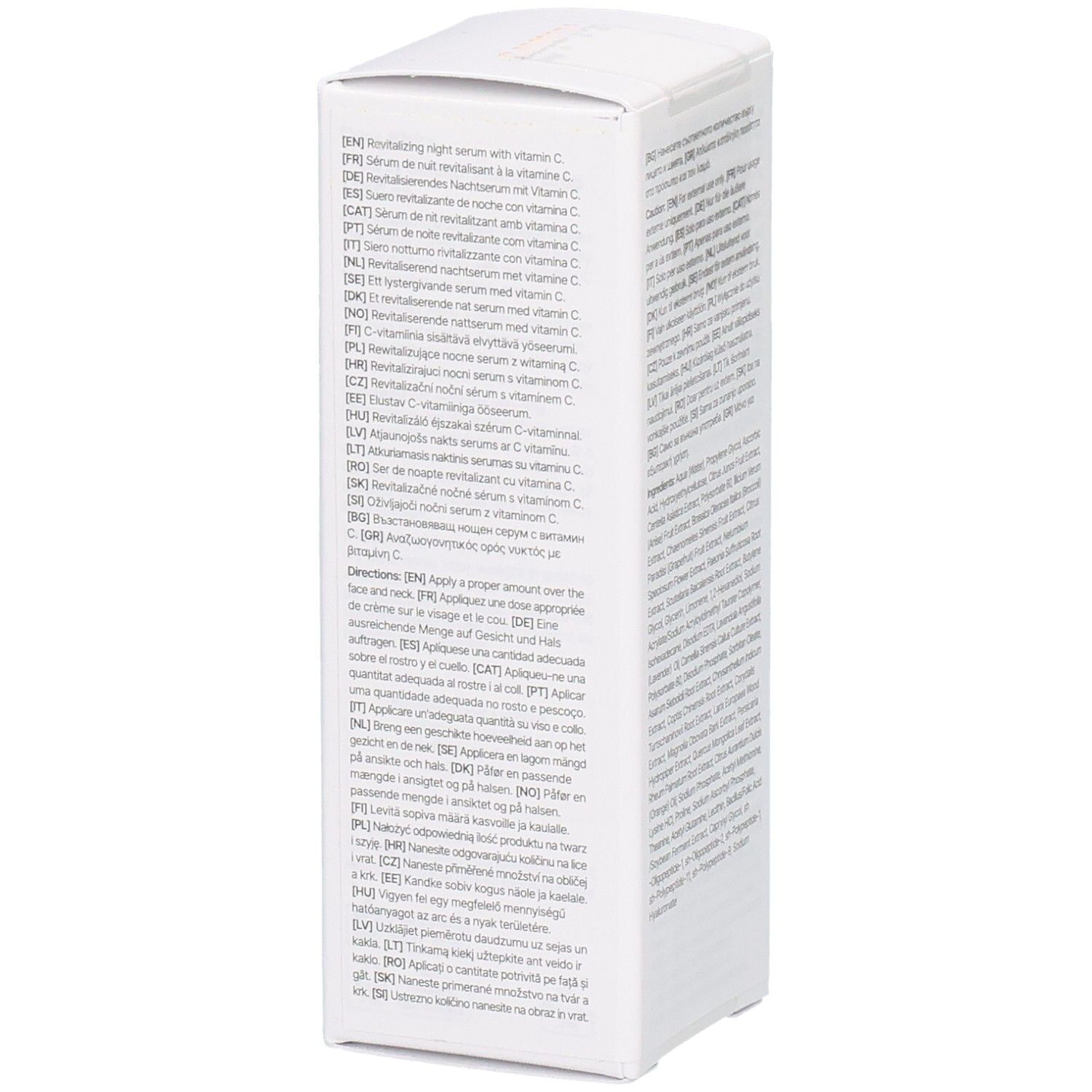 Seite der weißen Verpackung. Enthält Text in verschiedenen Sprachen. Enthält Anwendungshinweise.