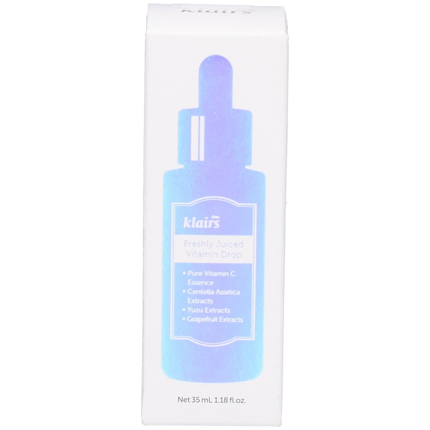 Weiße Verpackung mit Produktabbildung. Aufschrift: klairs Freshly Juiced Vitamin Drop. Enthält Inhaltsstoffe.