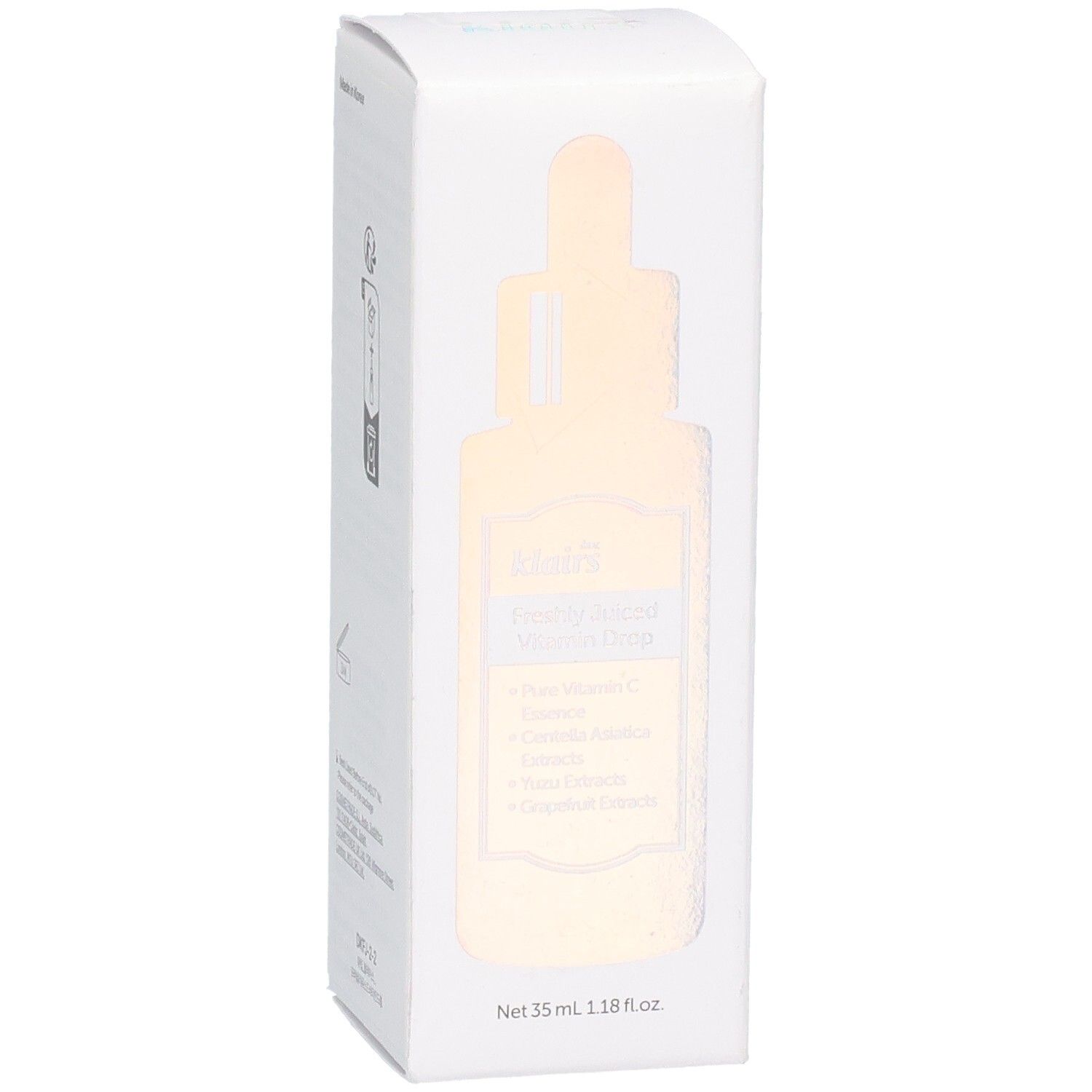 Weiße Verpackung mit Produktabbildung. Aufschrift: klairs Freshly Juiced Vitamin Drop. Enthält Inhaltsstoffe.