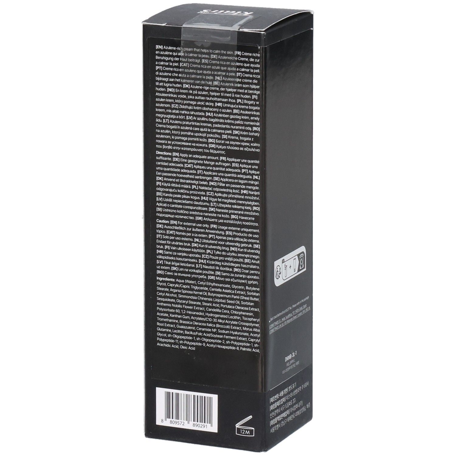 Schwarze Produktverpackung. Text in mehreren Sprachen. Marke: Klairs. Produkt: Midnight Blue Calming Cream.