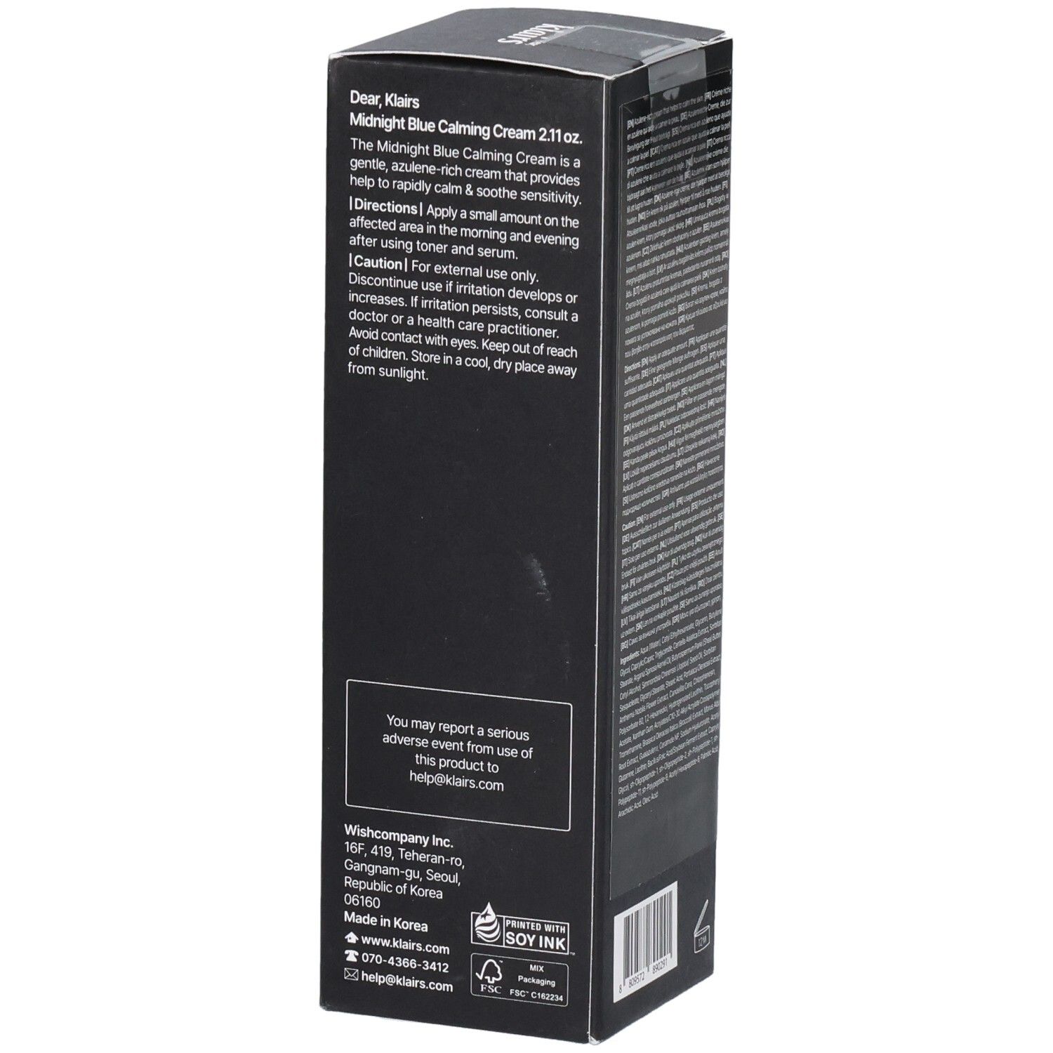 Schwarze Produktverpackung. Text: Midnight Blue Calming Cream. Marke: Klairs. Text: Intensive Soothing Care.