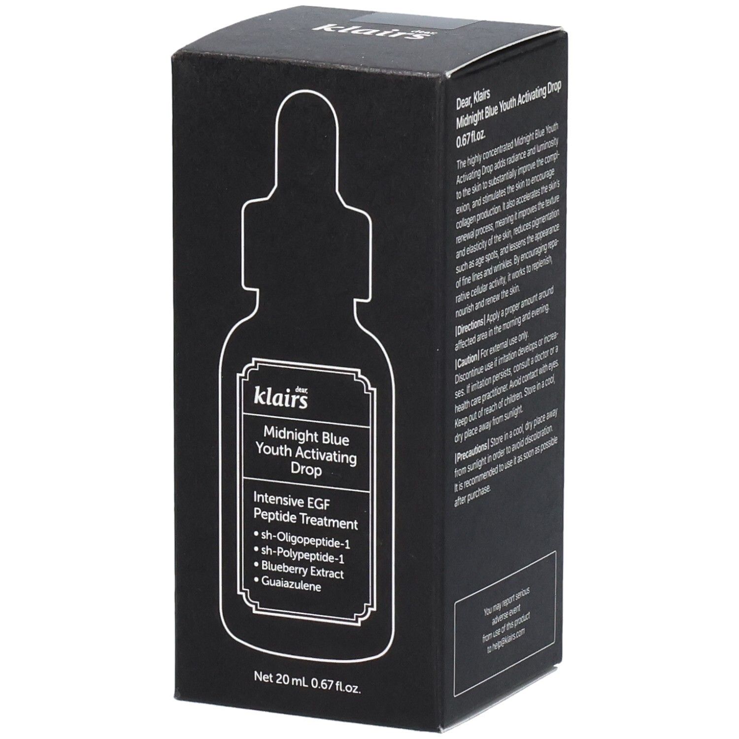 Schwarze Verpackung mit Produktabbildung. Enthält Text: Midnight Blue Youth Activating Drop. 20 ml. Mit Peptiden.